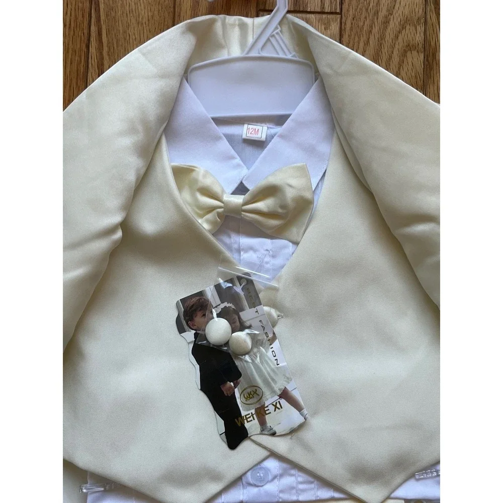 Baby Boys 5-Piece‎ Tuxedo Set Ivory Cream Tailcoat Suit Size 12M
